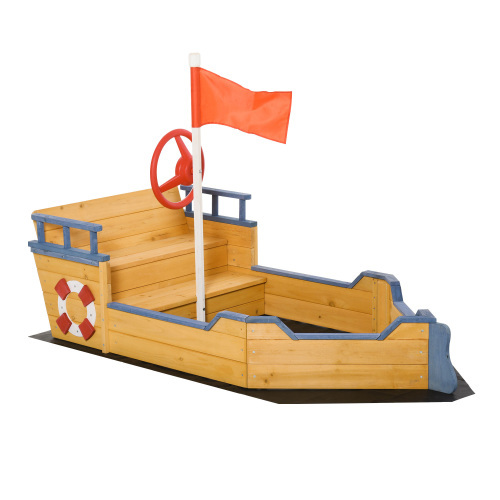 Wooden Kids Pirate Sandbox, Outdoor Sandboat with Bench Seats, Storage, Non-Woven Fabric Cloth for Backyard