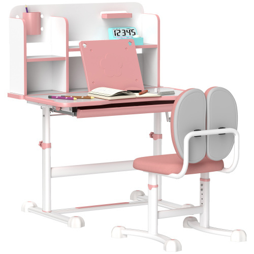 Kids Desk and Chair Set, Height Adjustable Kids School Study Desk and Chair Set with Tilt Desktop, Storage Drawer and Reading Rack for Writing
