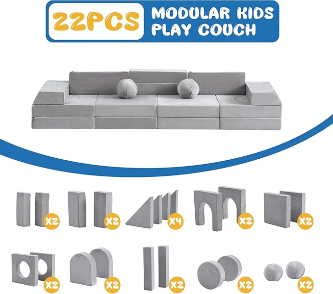 22Pcs Modular Kids Play Couch, 1000+DIY Creativing Playroom Furniture for Kids, Toddler Couch