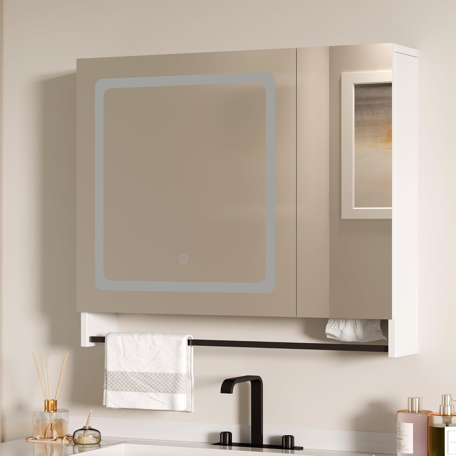 Lighted Medicine Cabinet with Mirror, Bathroom Wall Cabinet with Mirror Doors