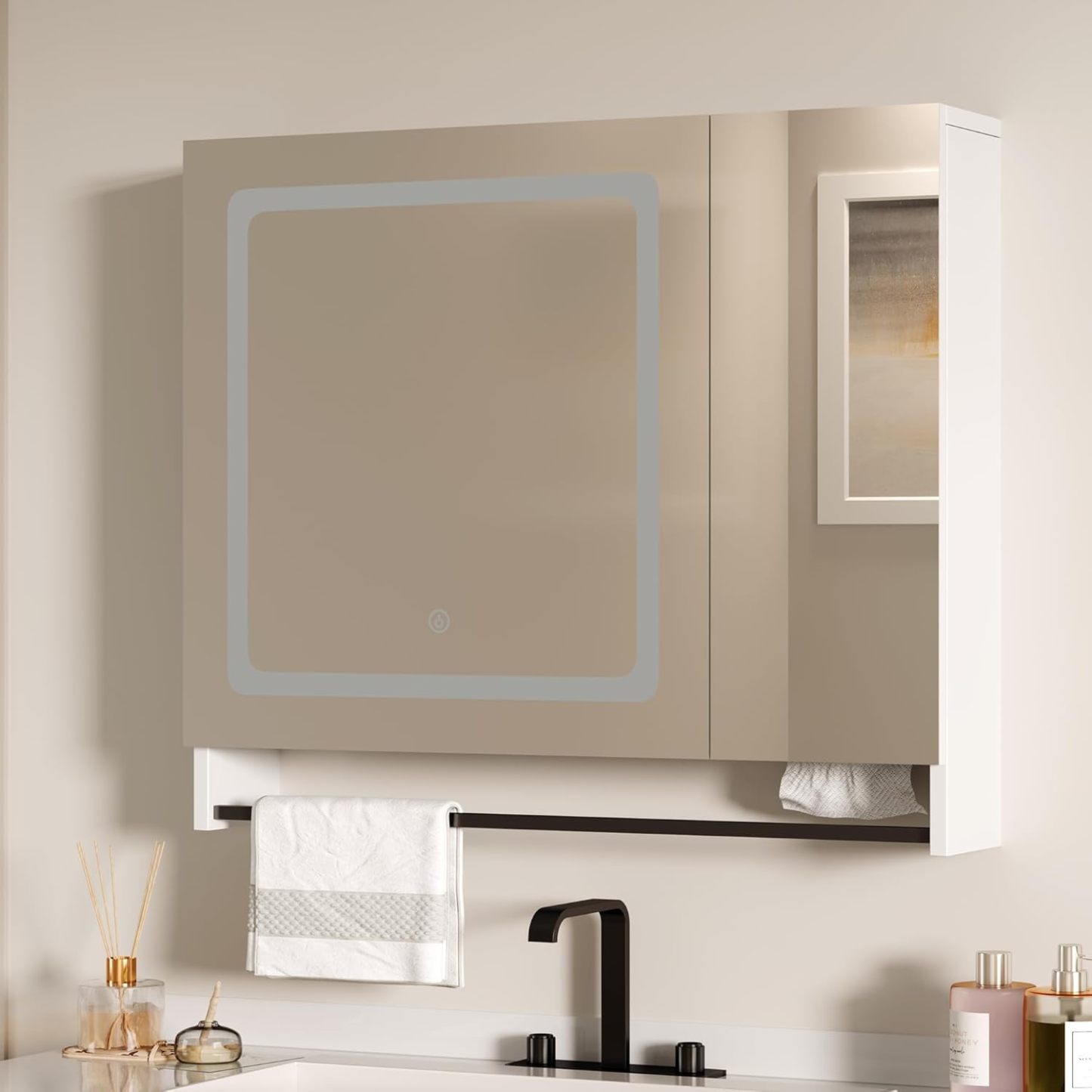 Lighted Medicine Cabinet with Mirror, Bathroom Wall Cabinet with Mirror Doors