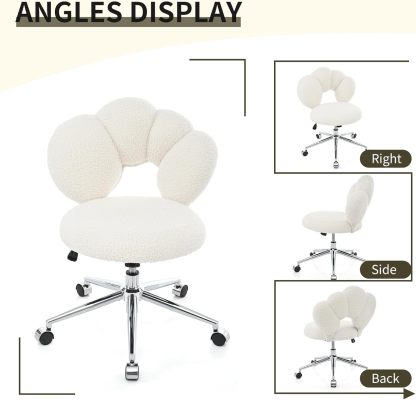 Cute Home Office Chair, Teddy Upholstered Desk Chair with Petal Back, Adjustable Home Desk Chair with Open Back