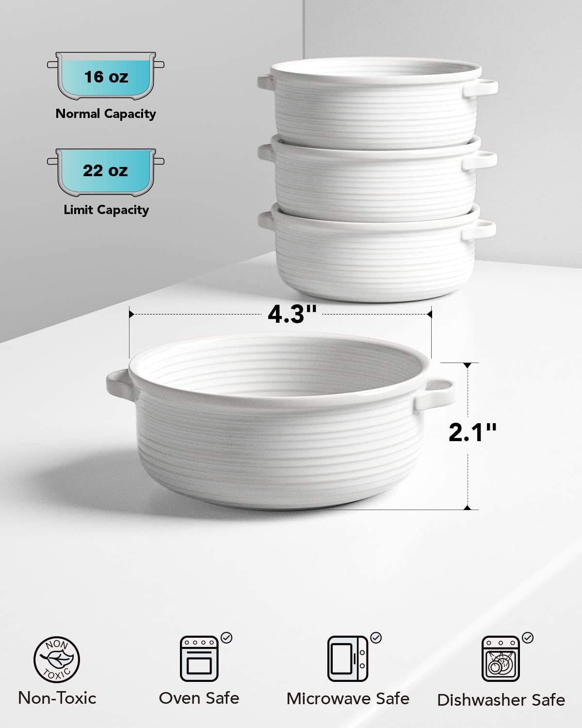 Soup Bowls with Handles, Ceramic French Onion Soup Bowls 22 Ounces for Soup, Cereal, Chilli, Beef Stew, Stackable Serving Bowls Set