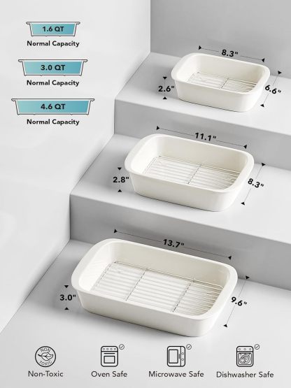 Deep Casserole Dishes for Oven, 13.7”x9.6” Ceramic Baking Dish Set with Roasting Racks, Large Lasagna Pans with Handles