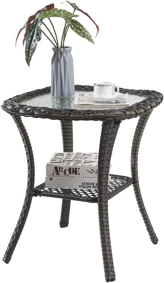 Patio Wicker Side Table Outdoor, Rattan End Table Glass Top Coffee Table with Storage Grey