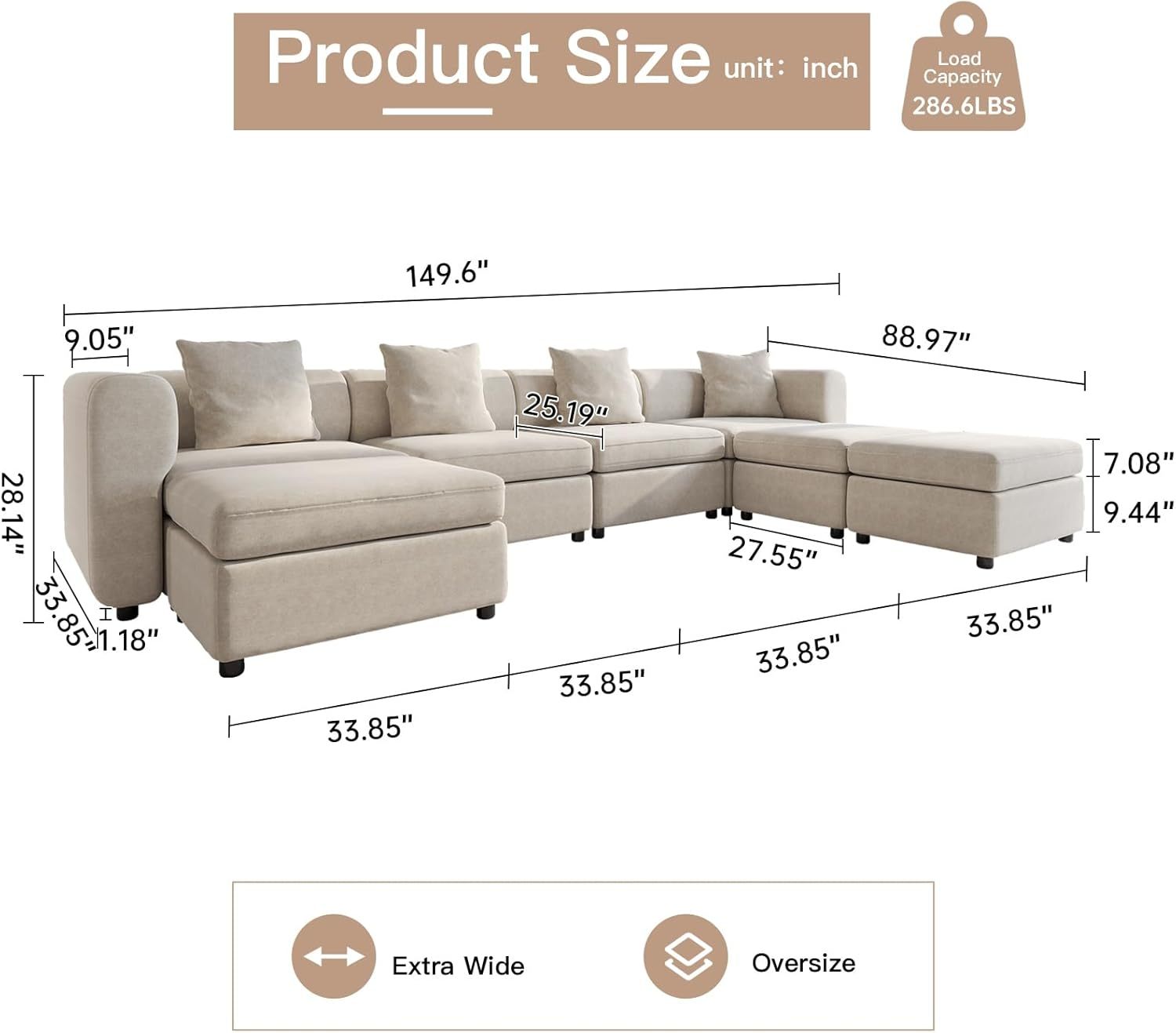Off-White Comfy Queen Sectional Sofa, Sleeper Sofa Couch with Removable Cushion, Modular Sofa with Pillows and Storage Chaise