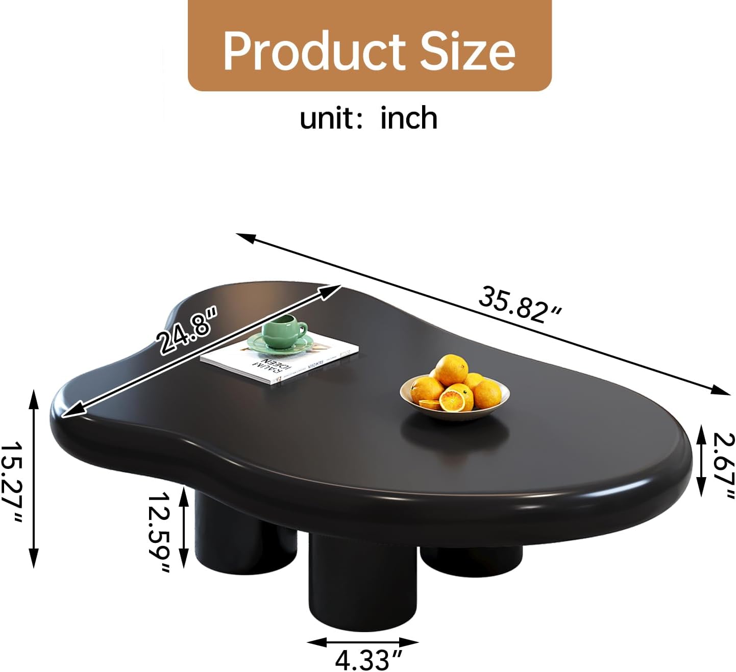 35.82" Black Cloud Coffee Table, Modern Round Edge Coffee Table with 4 Sturdy Support Legs and 2.67" Thick Tabletop,Easy Match for Living Room