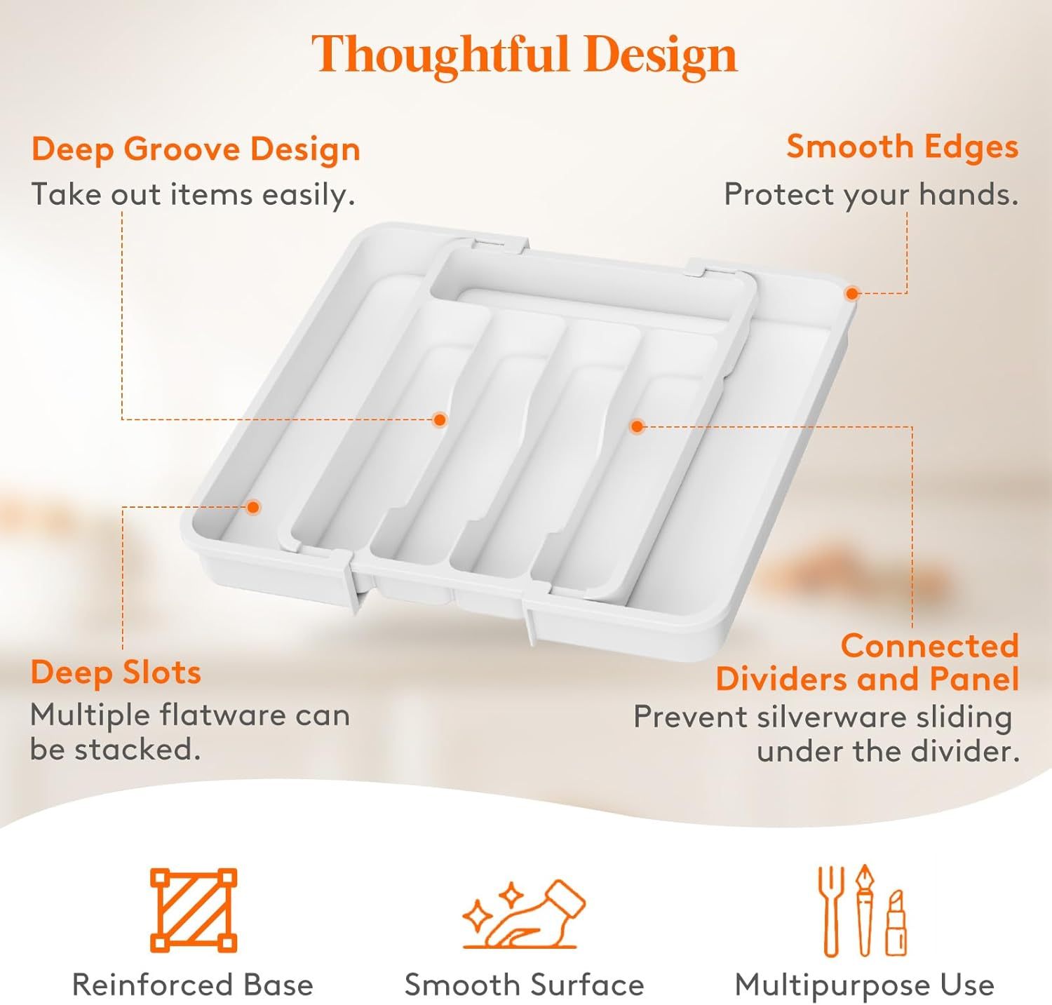 Silverware Drawer Organizer, Expandable BPA Free Utensil Tray for Kitchen, Adjustable Flatware and Cutlery Holder