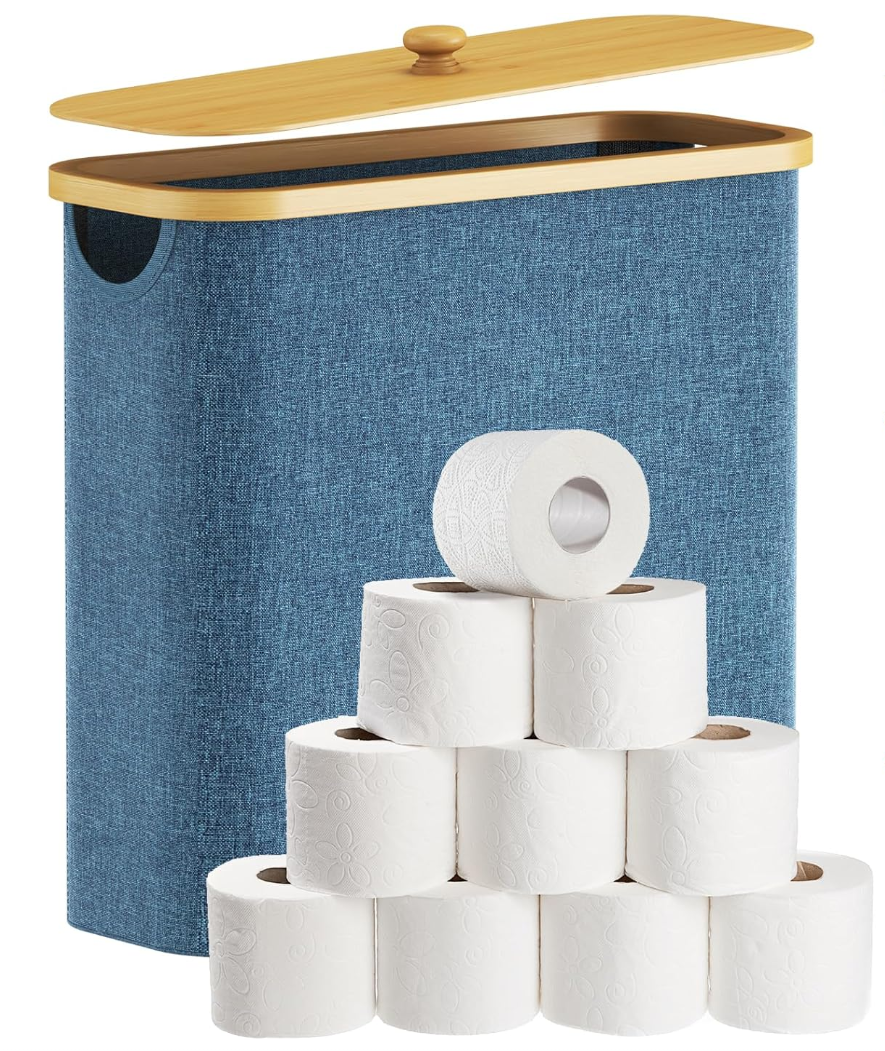 Toilet Paper Storage 30L, Bamboo Toilet Paper Basket with Lid and Handle, Free Standing Toilet Paper Holder Stand
