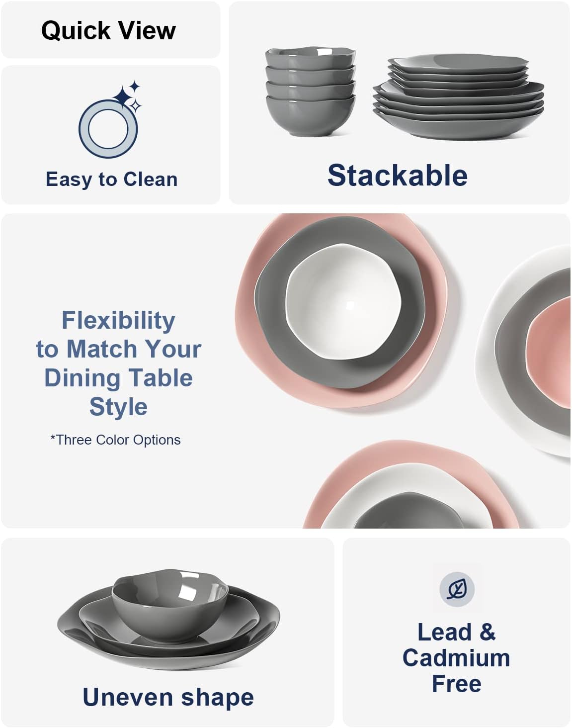 Dinnerware Sets 12 Piece, Serve for 4, Ceramic Plates and Bowls Set (10" Dinner Plates + 8" Salad Dish + 22 oz Bowl) x 4, Suit For House Warming Wedding, Dishwasher Microwave Oven safe - Grey