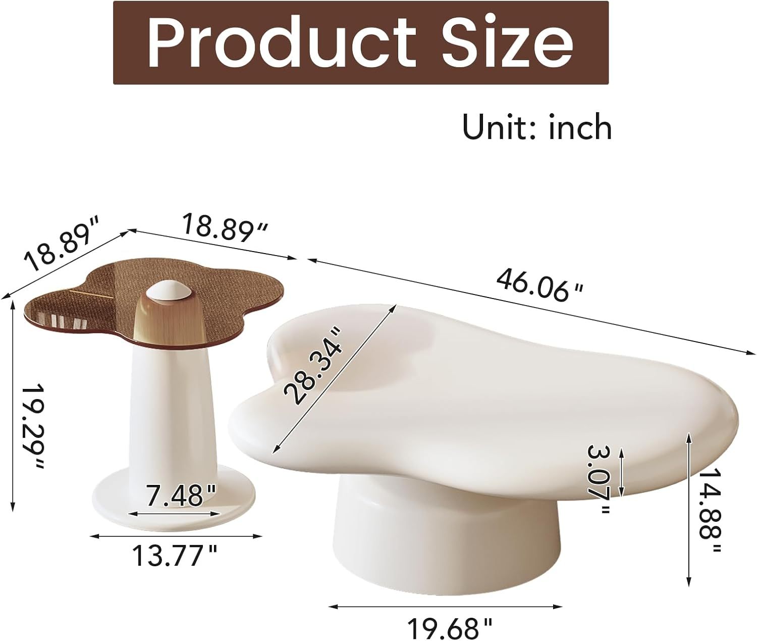 White Coffee Table Set of Two, Cream Mushroom Shape Big Coffee Table with Small Glass End Table