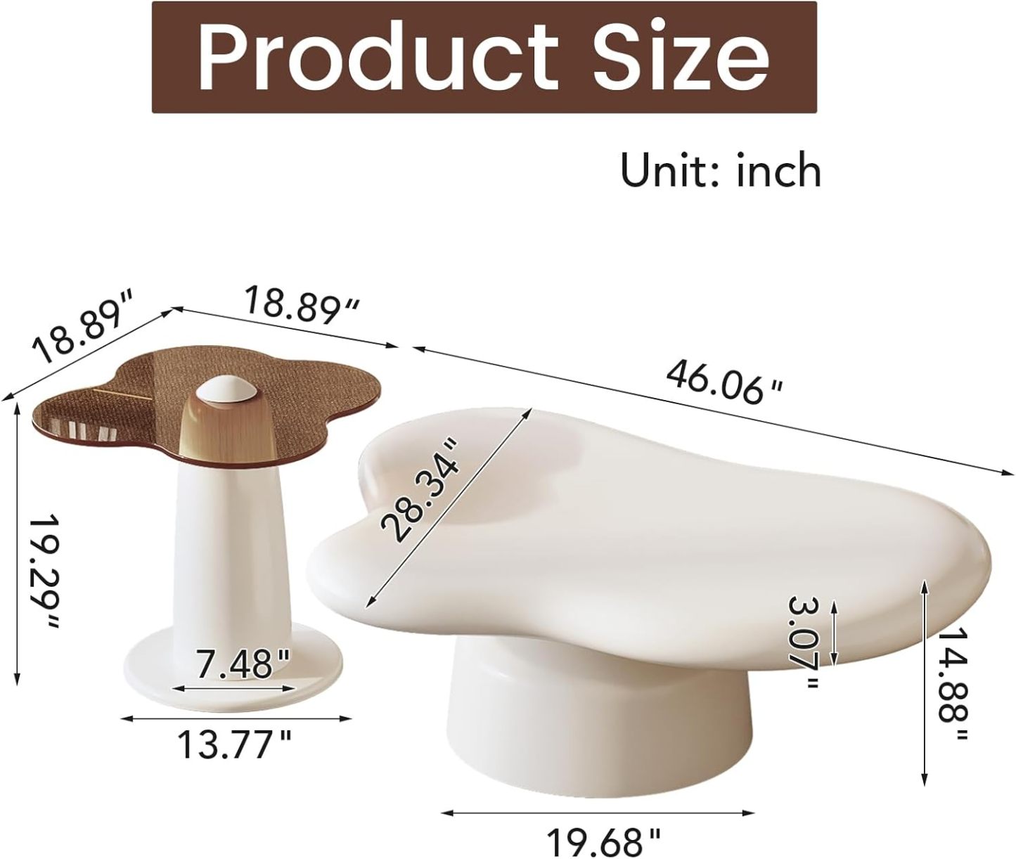 White Coffee Table Set of Two, Cream Mushroom Shape Big Coffee Table with Small Glass End Table