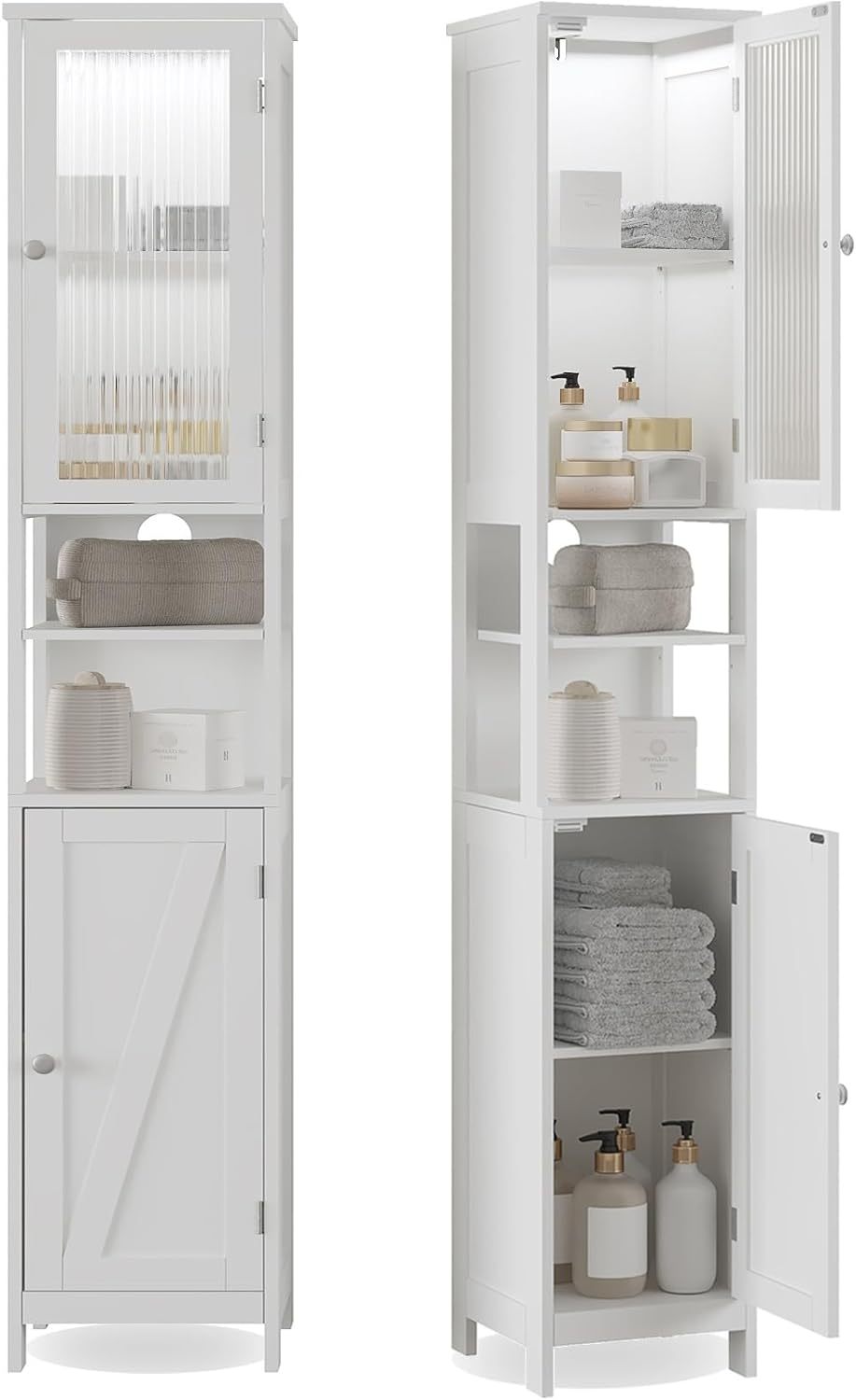 Tall Bathroom Storage Cabinet with Light, 5-Tier Narrow Bathroom Cabinet with 2 Doors