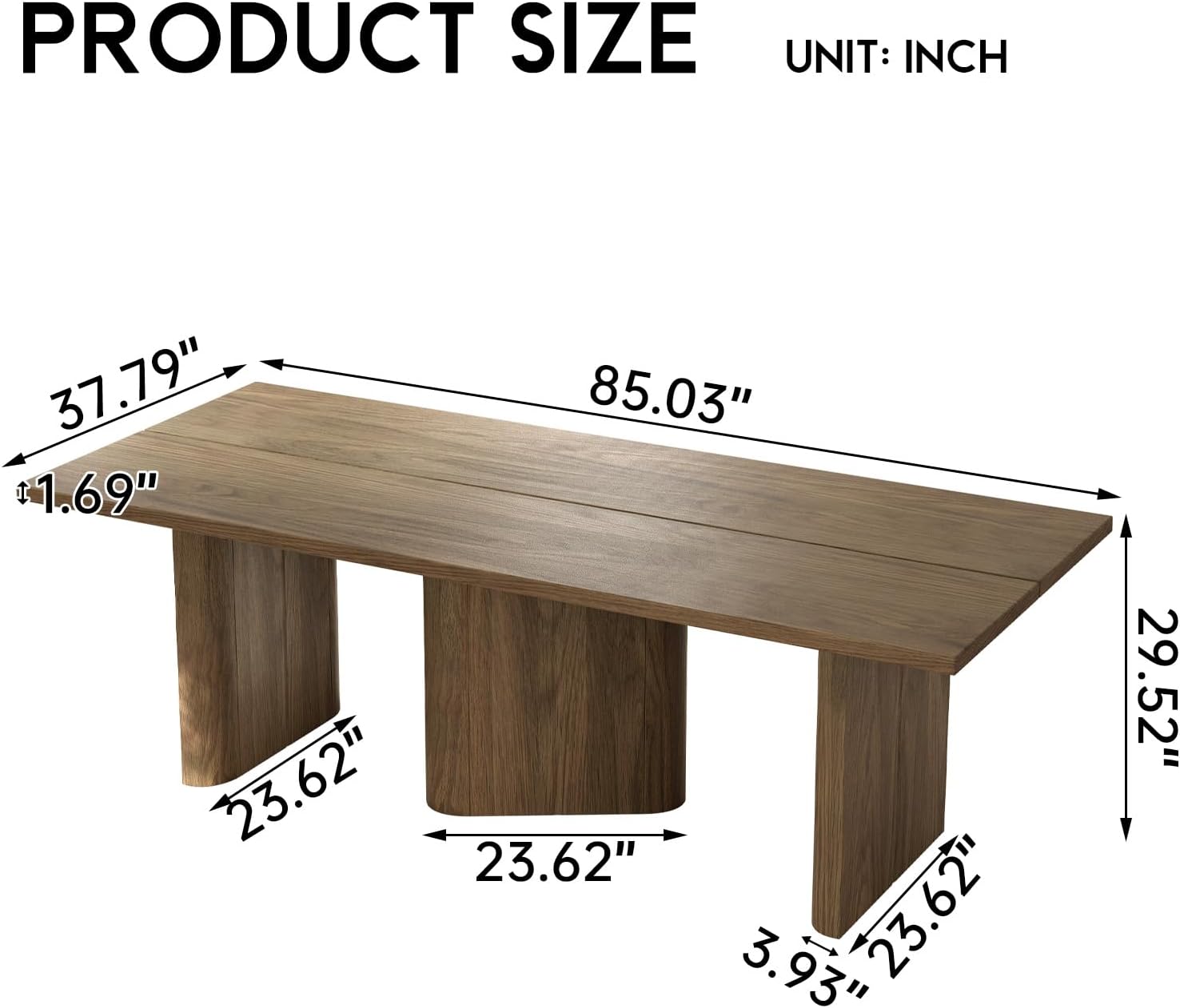 Mid-Century Large Dining Table for 2-8, 85.03" Wood Dining Kitchen Table with 3 Sturdy Pedestal, Modern Country Spacious Dining Room Table