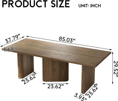 Mid-Century Large Dining Table for 2-8, 85.03" Wood Dining Kitchen Table with 3 Sturdy Pedestal, Modern Country Spacious Dining Room Table