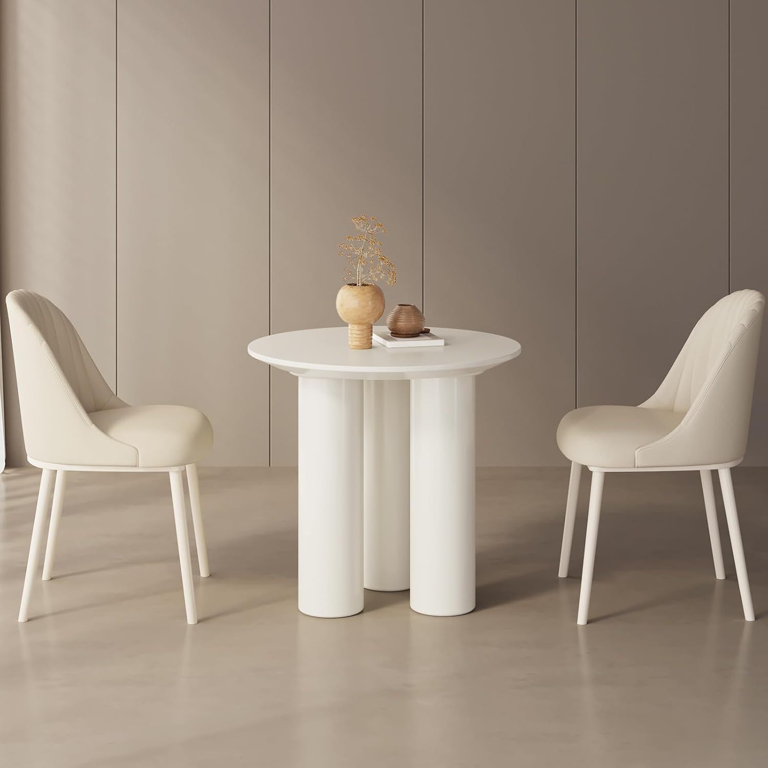 30" Kitchen Dining Table with 3 Powerful Support Legs, Modern Dining Room Table with Cream Smooth Surface and Round Edge