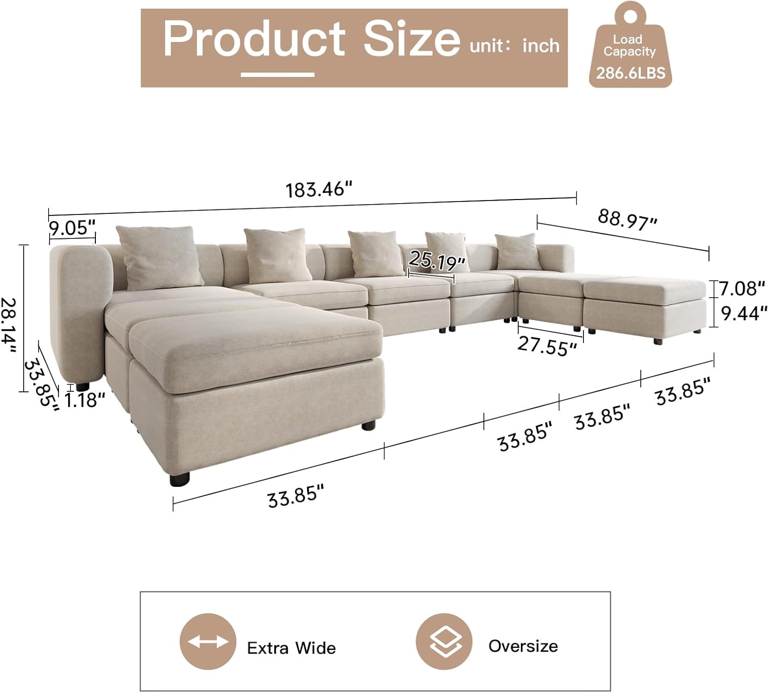 Off-White Comfy Queen Sectional Sofa, Sleeper Sofa Couch with Removable Cushion, Modular Sofa with Pillows and Storage Chaise