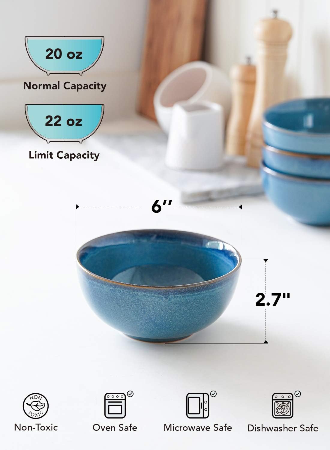 Cereal Bowls 6 Inch, Ceramic Bowl Set for Soup, Dessert, Fruits, Salad, Noodle, Ramen, 22 Ounce Bowls for Kitchen, Set of 4, Ceylon blue