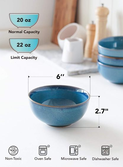 Cereal Bowls 6 Inch, Ceramic Bowl Set for Soup, Dessert, Fruits, Salad, Noodle, Ramen, 22 Ounce Bowls for Kitchen, Set of 4, Ceylon blue