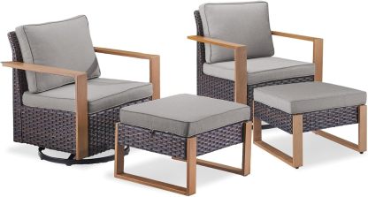 4 Piece Patio Furniture-High Back Swivel Glider Chair with Ottomans Outdoor Furniture Set for Deck Porch Balcony