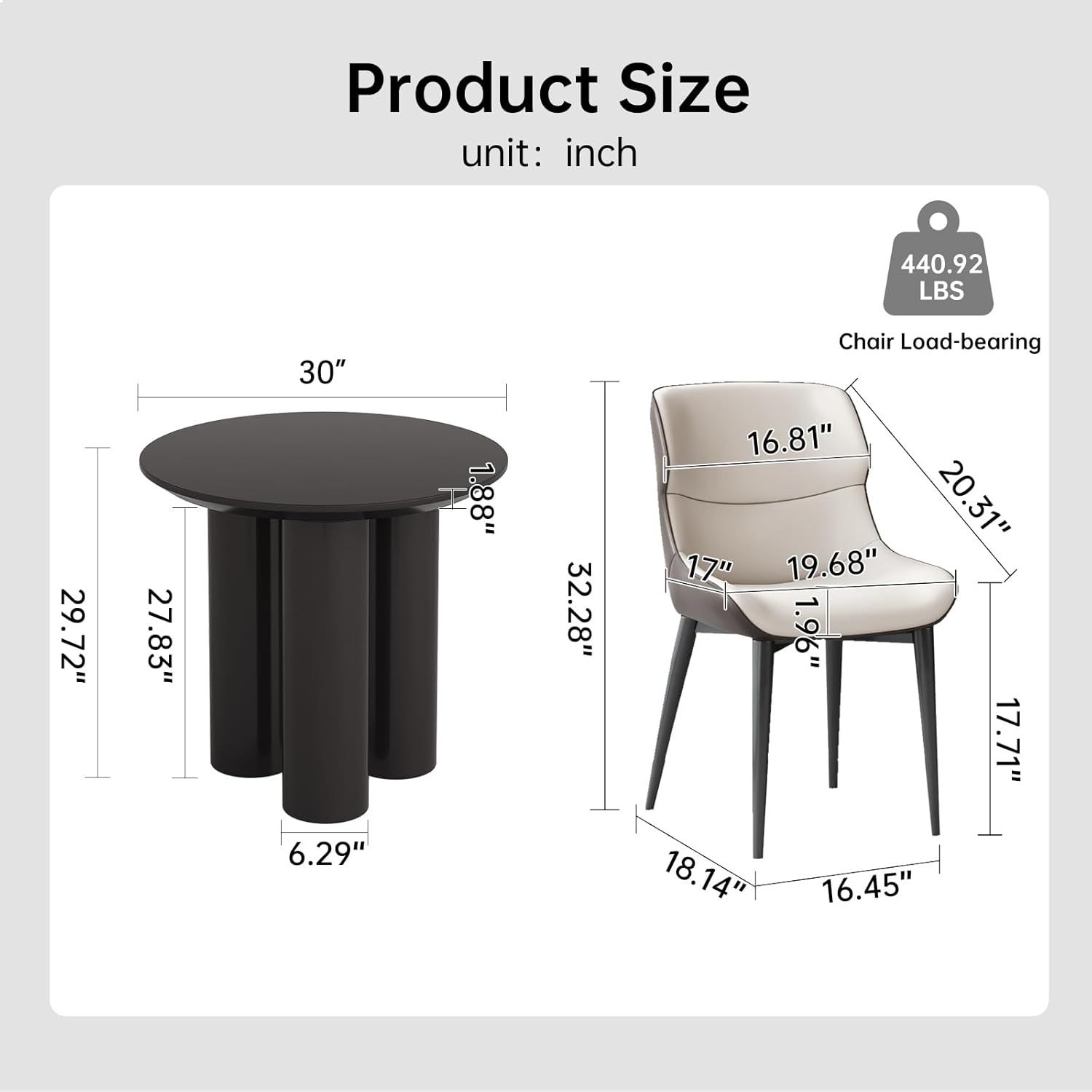 Black Round Kitchen Table for 2, 31.5" Small Modern Dining Room Table wtih 3 Sturdy Legs, 2 Seat Round Dining Table