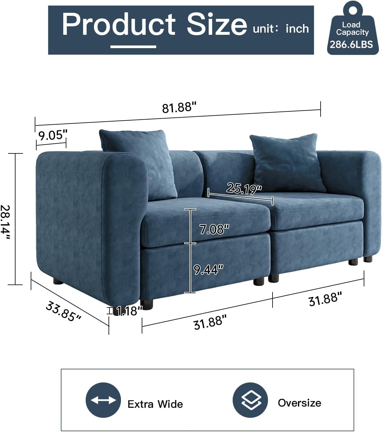81.88" Blue Loveseat Sofa, Extra Width Sectional Sleeper Sofa with Armrest, Modular Sectional Sofa with Cushion and Removable Back Cushion