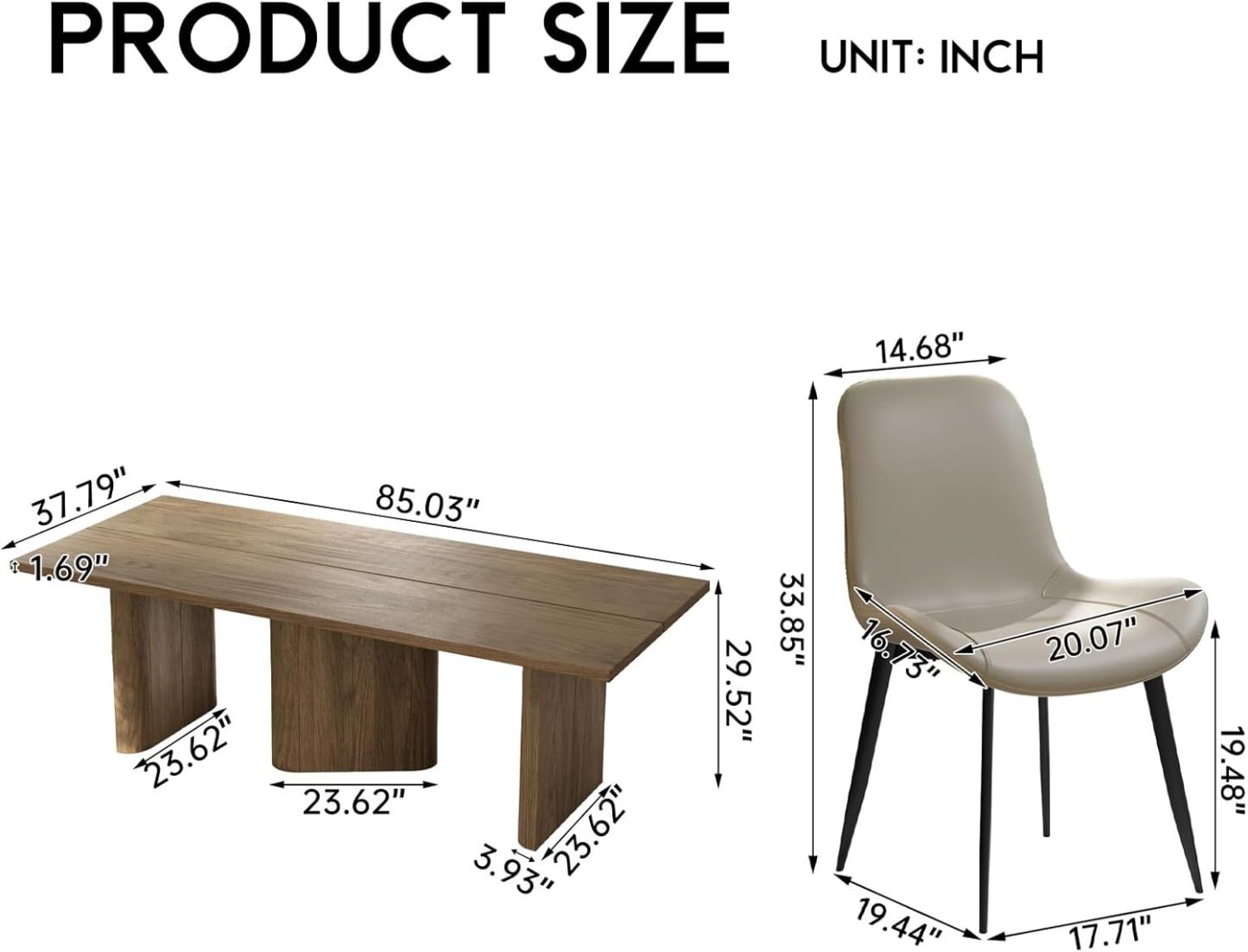 Mid-Century Large Dining Table for 2-8, 85.03" Wood Dining Kitchen Table with 3 Sturdy Pedestal, Modern Country Spacious Dining Room Table