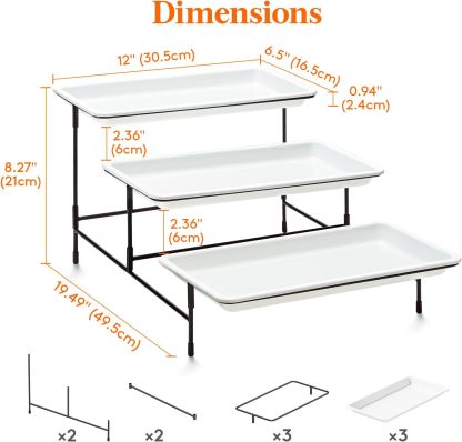 3 Tier Plastic Serving Tray for Party Supplies, 12" x 6.5" Platters for Serving Food, White Reusable Trays with Black Metal Display Stand