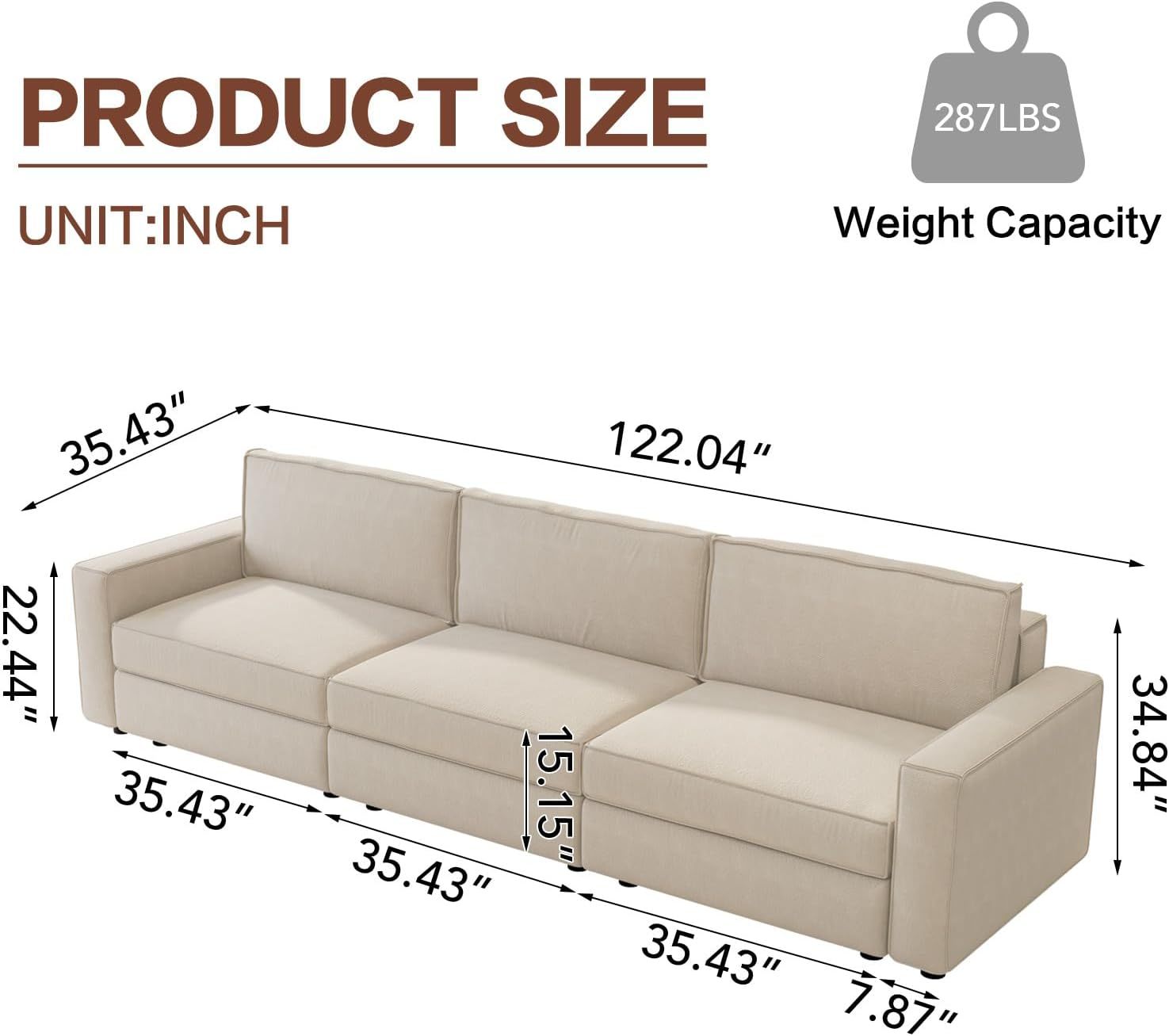 122" 3 Seats Beige Sectional Sofa, Modern Oversized Modular Sofa Couch with Removable Cushions, Sturdy Pine Wood Frame for Long Time