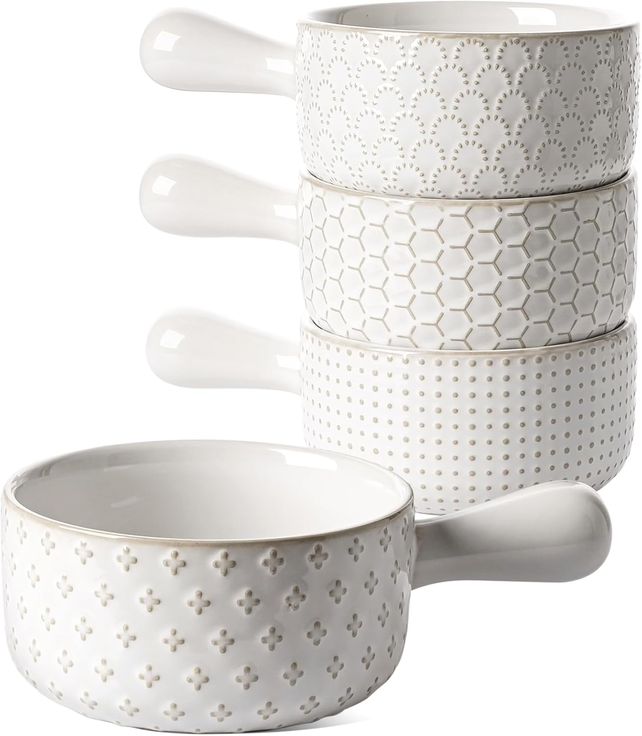 French Onion Soup Bowls, 18 Ounce Soup Bowls With Handles for Chili, Beef Stew, French Onion Soup Crocks Oven Safe - 5 inch, Set of 4, Arctic White