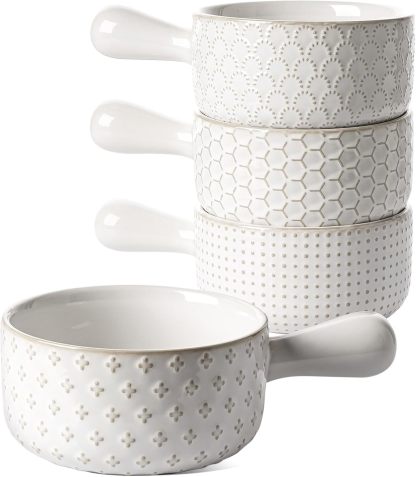 French Onion Soup Bowls, 18 Ounce Soup Bowls With Handles for Chili, Beef Stew, French Onion Soup Crocks Oven Safe - 5 inch, Set of 4, Arctic White