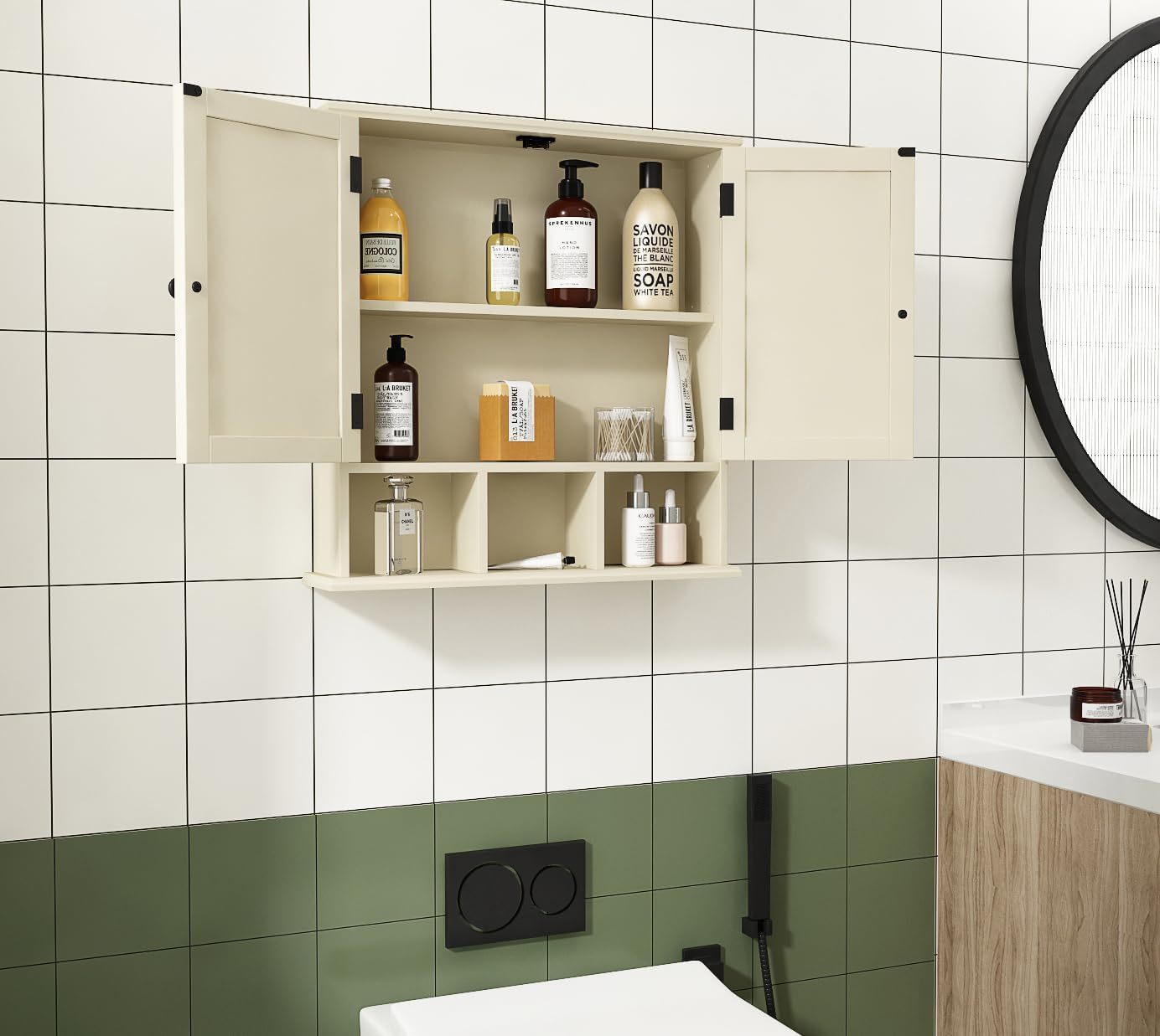 Bathroom Cabinet Wall Mounted 2-Door with 3 Open Shelves, Wooden Medicine Cabinets with Adjustable Shelf