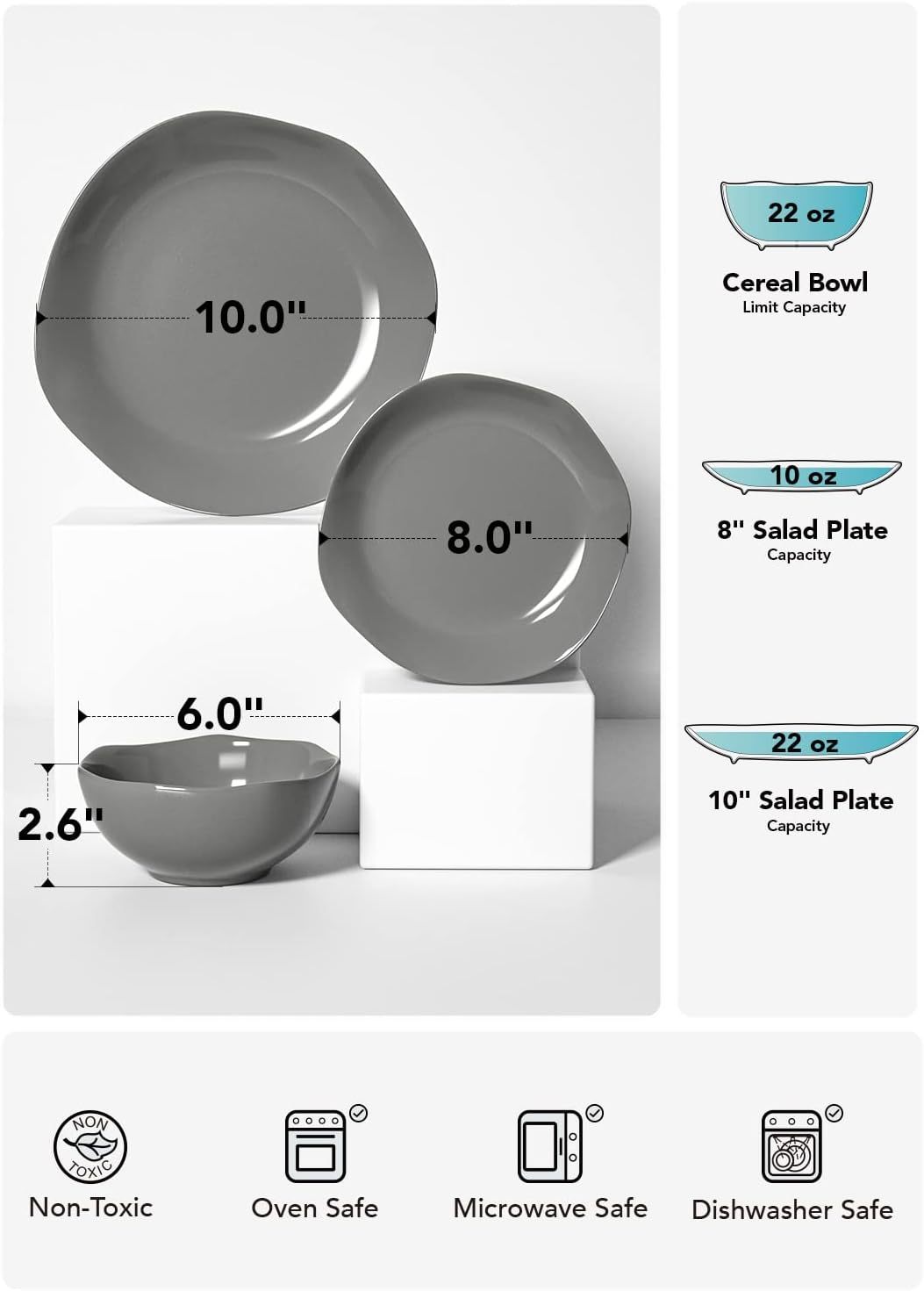 Dinnerware Sets 12 Piece, Serve for 4, Ceramic Plates and Bowls Set (10" Dinner Plates + 8" Salad Dish + 22 oz Bowl) x 4, Suit For House Warming Wedding, Dishwasher Microwave Oven safe - Grey