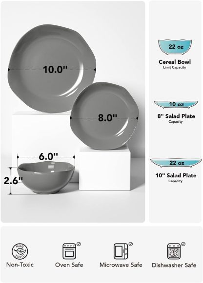 Dinnerware Sets 12 Piece, Serve for 4, Ceramic Plates and Bowls Set (10" Dinner Plates + 8" Salad Dish + 22 oz Bowl) x 4, Suit For House Warming Wedding, Dishwasher Microwave Oven safe - Grey