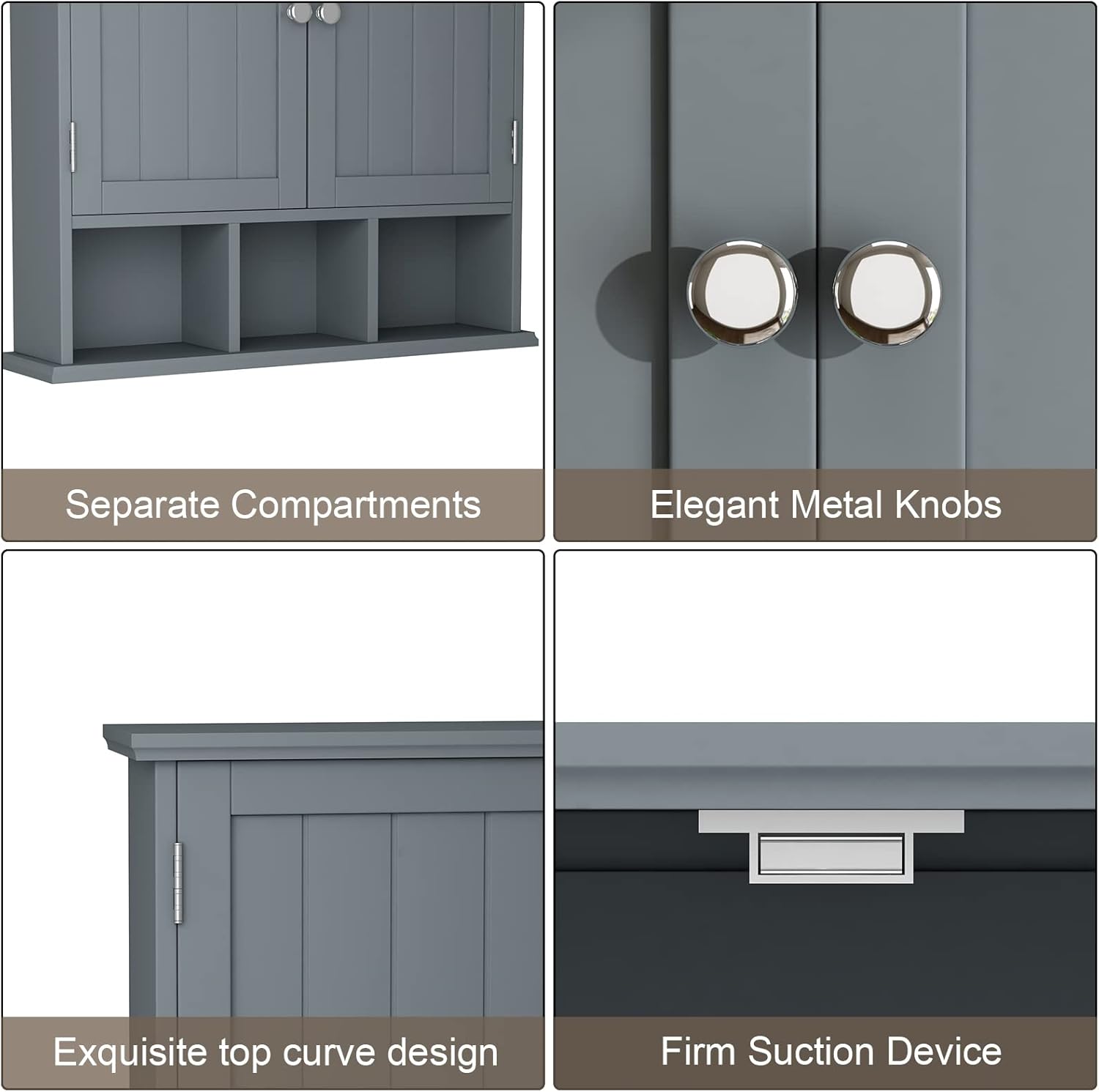 Bathroom Cabinet Wall Mounted 2-Door with 3 Open Shelves, Wooden Medicine Cabinets with Adjustable Shelf