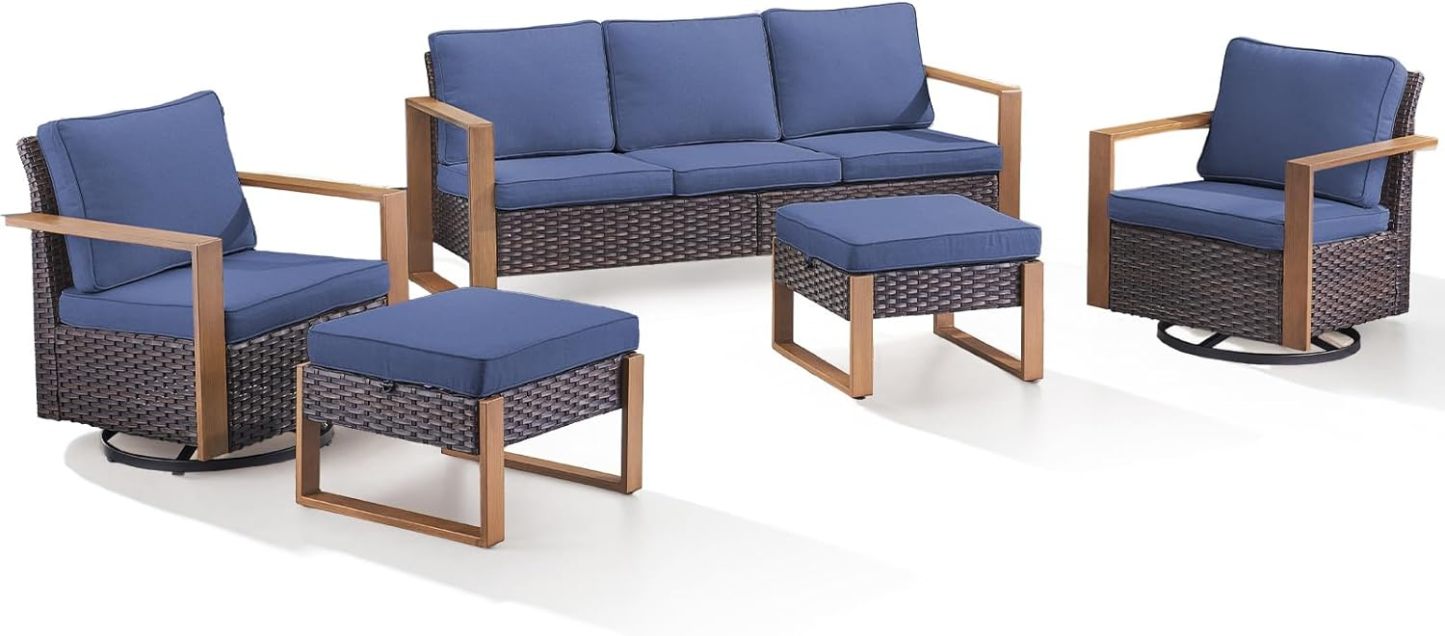 5 Piece Wicker Patio Furniture Set-Deep Seating Outdoor Couch with Swivel Patio Chairs Patio Furniture Set for Garden Backyard Balcony Poolside