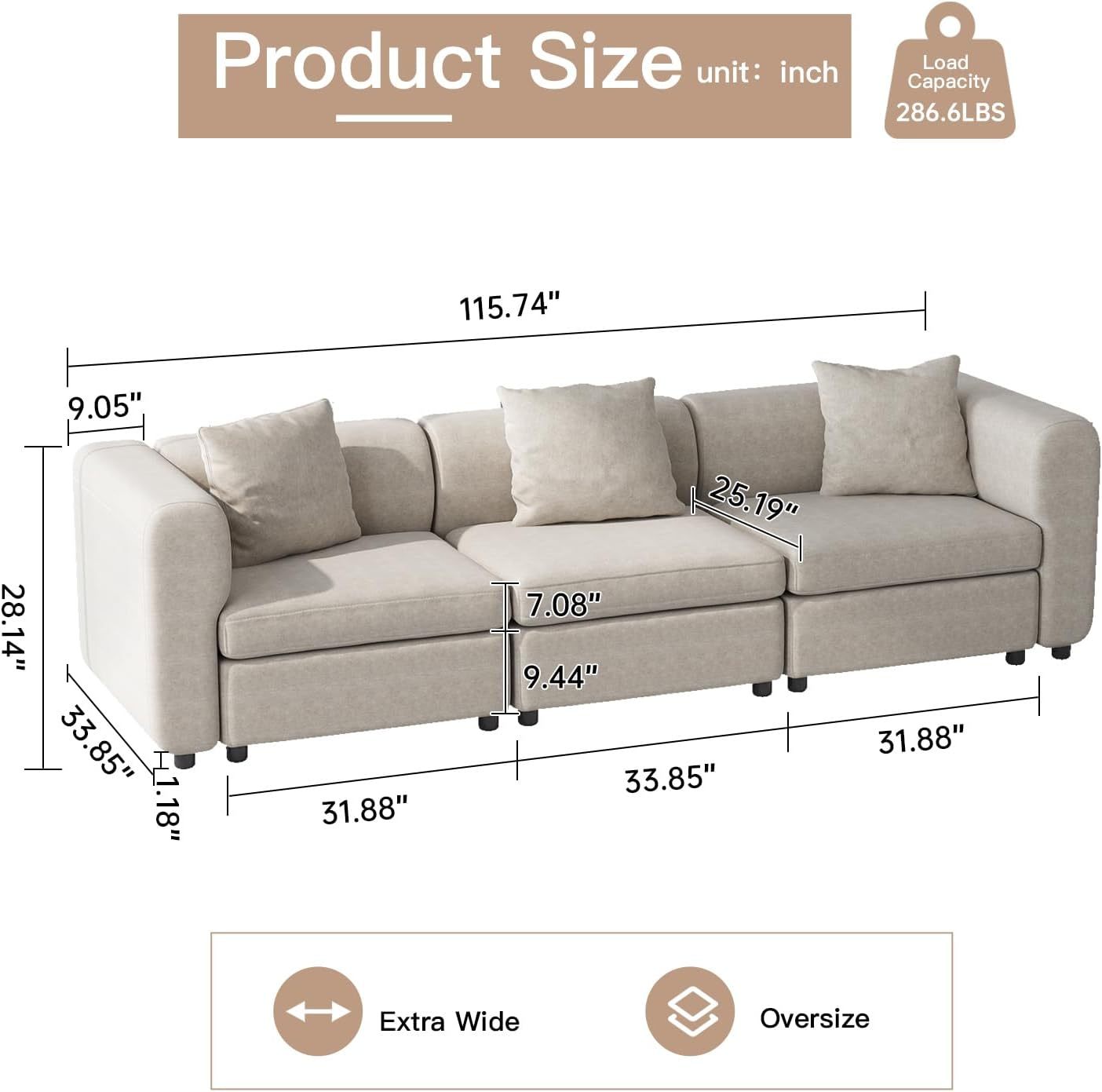 Off-White Comfy Queen Sectional Sofa, Sleeper Sofa Couch with Removable Cushion, Modular Sofa with Pillows and Storage Chaise