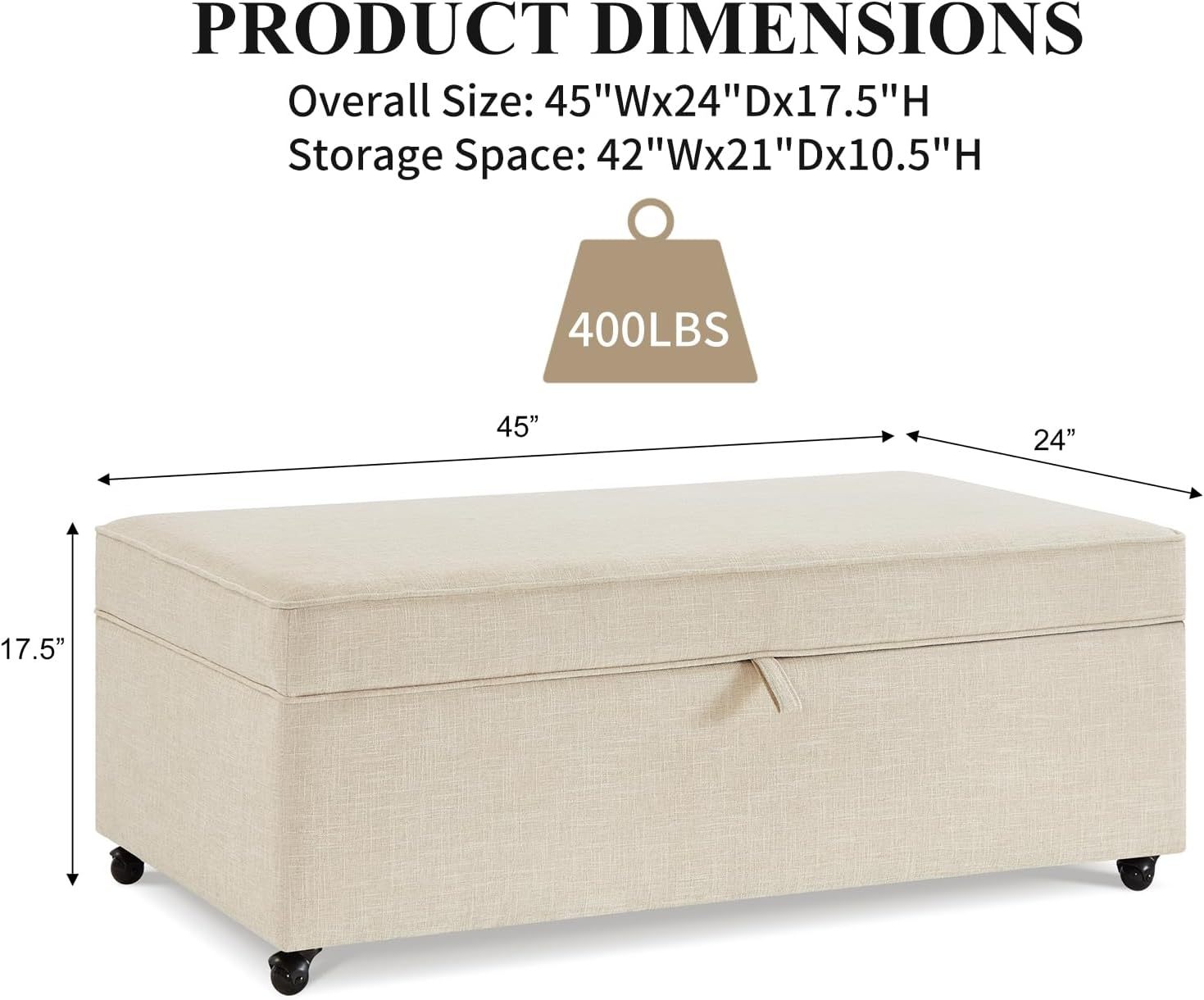 Storage Ottoman Bench, Linen Upholstered Ottoman Bench with Wheels, Multi-Function Bed Bench with Wood Frame