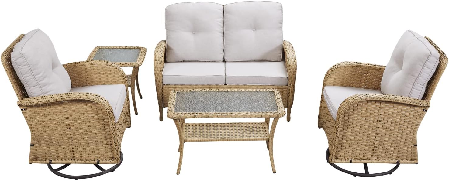 5-Piece Patio Furniture Wicker Outdoor Conversation Set,All-Weather Rattan Swivel Chairs Bistro Set with Loveseat Coffee Table for Backyard