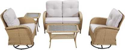 5-Piece Patio Furniture Wicker Outdoor Conversation Set,All-Weather Rattan Swivel Chairs Bistro Set with Loveseat Coffee Table for Backyard