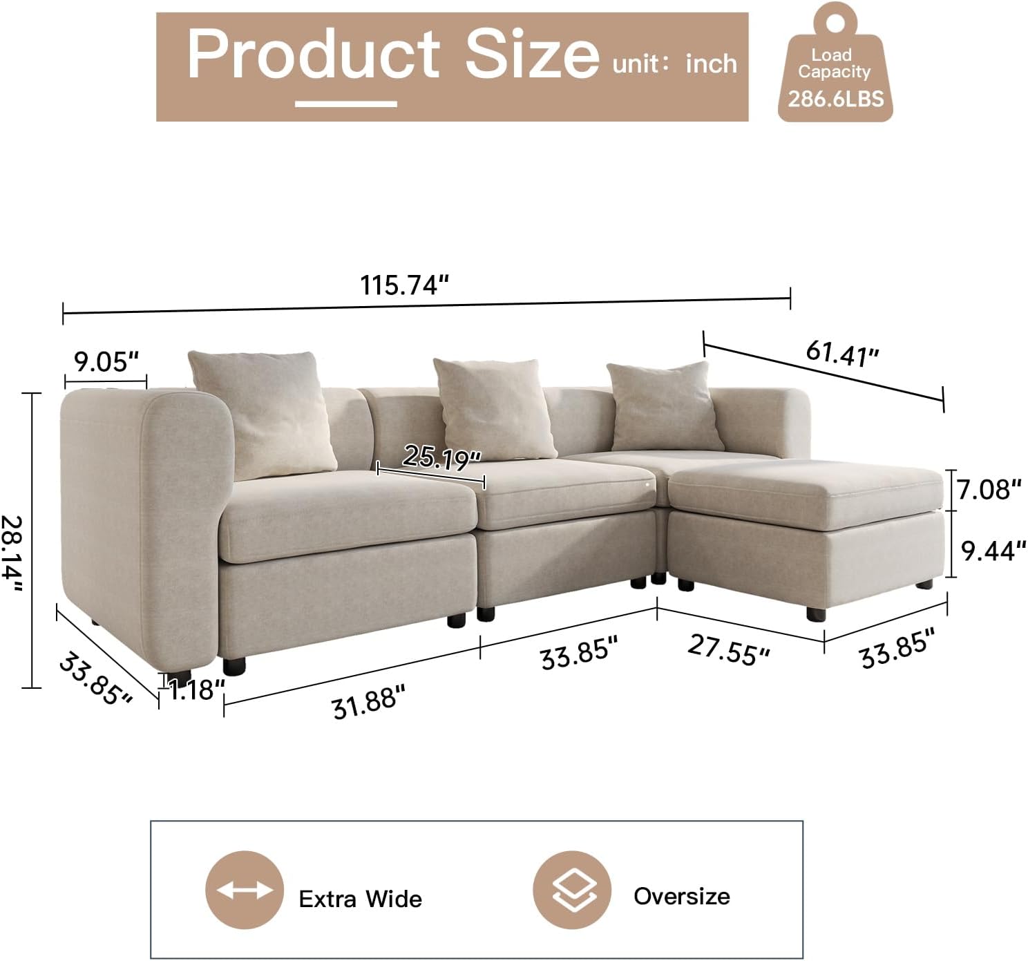 Off-White Comfy Queen Sectional Sofa, Sleeper Sofa Couch with Removable Cushion, Modular Sofa with Pillows and Storage Chaise