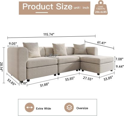 Off-White Comfy Queen Sectional Sofa, Sleeper Sofa Couch with Removable Cushion, Modular Sofa with Pillows and Storage Chaise