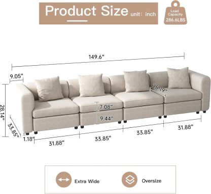 Off-White Comfy Queen Sectional Sofa, Sleeper Sofa Couch with Removable Cushion, Modular Sofa with Pillows and Storage Chaise