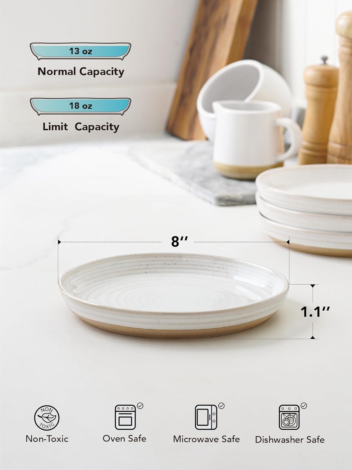 Salad Plates 8 Inch, Flat Dessert Plate Set for Appetizer Bread, Ceramic Dish, Microwave Dishwasher Oven Safe, Housewarming & Wedding Present - Set of 4, Arctic White