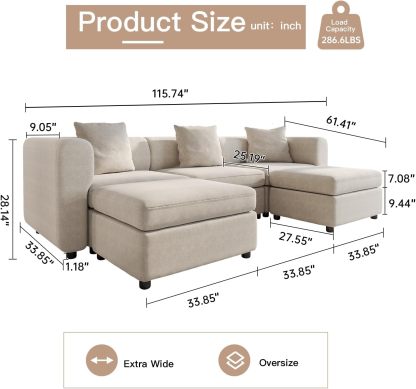 Off-White Comfy Queen Sectional Sofa, Sleeper Sofa Couch with Removable Cushion, Modular Sofa with Pillows and Storage Chaise
