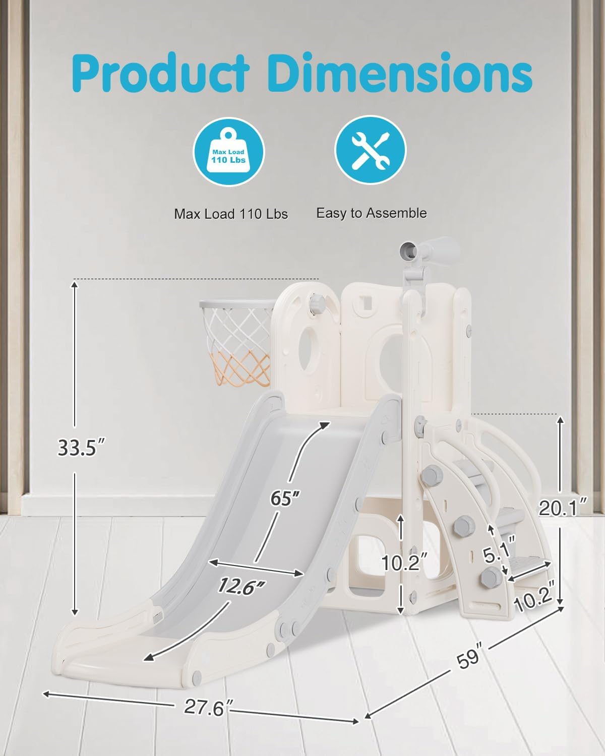 6 in 1 Kids Indoor Slide for Toddlers 1-3, Baby Indoor and Outdoor Climber Playset, Kids Slide with Basketball Hoop and Telescope