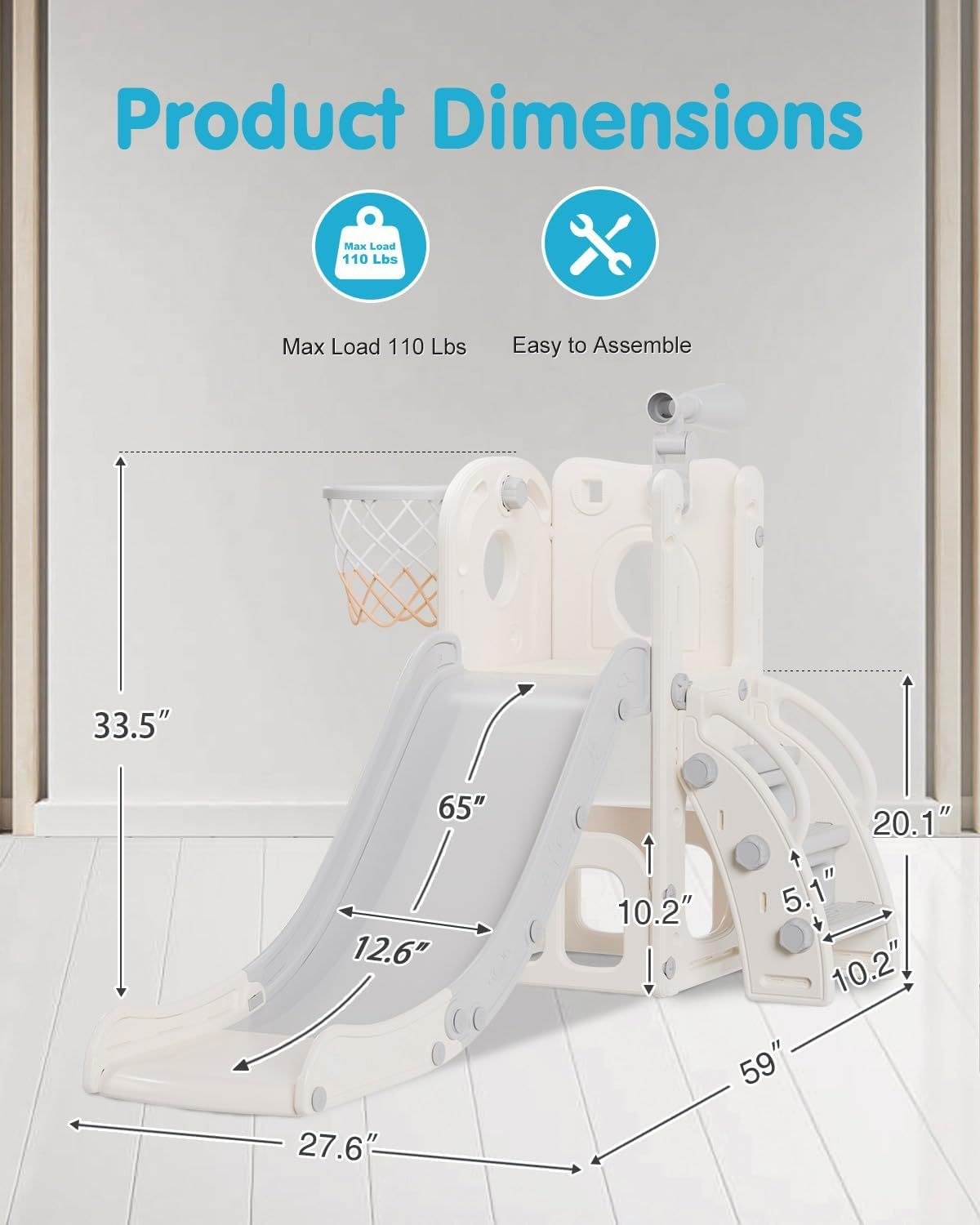 6 in 1 Kids Indoor Slide for Toddlers 1-3, Baby Indoor and Outdoor Climber Playset, Kids Slide with Basketball Hoop and Telescope