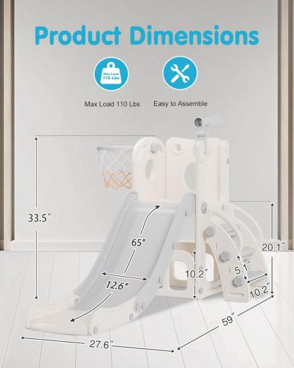 6 in 1 Kids Indoor Slide for Toddlers 1-3, Baby Indoor and Outdoor Climber Playset, Kids Slide with Basketball Hoop and Telescope