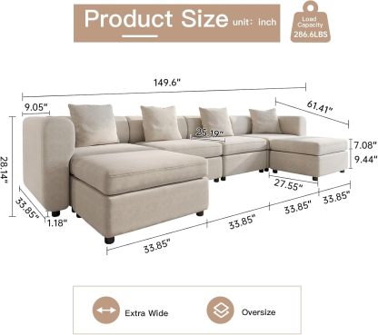 Off-White Comfy Queen Sectional Sofa, Sleeper Sofa Couch with Removable Cushion, Modular Sofa with Pillows and Storage Chaise