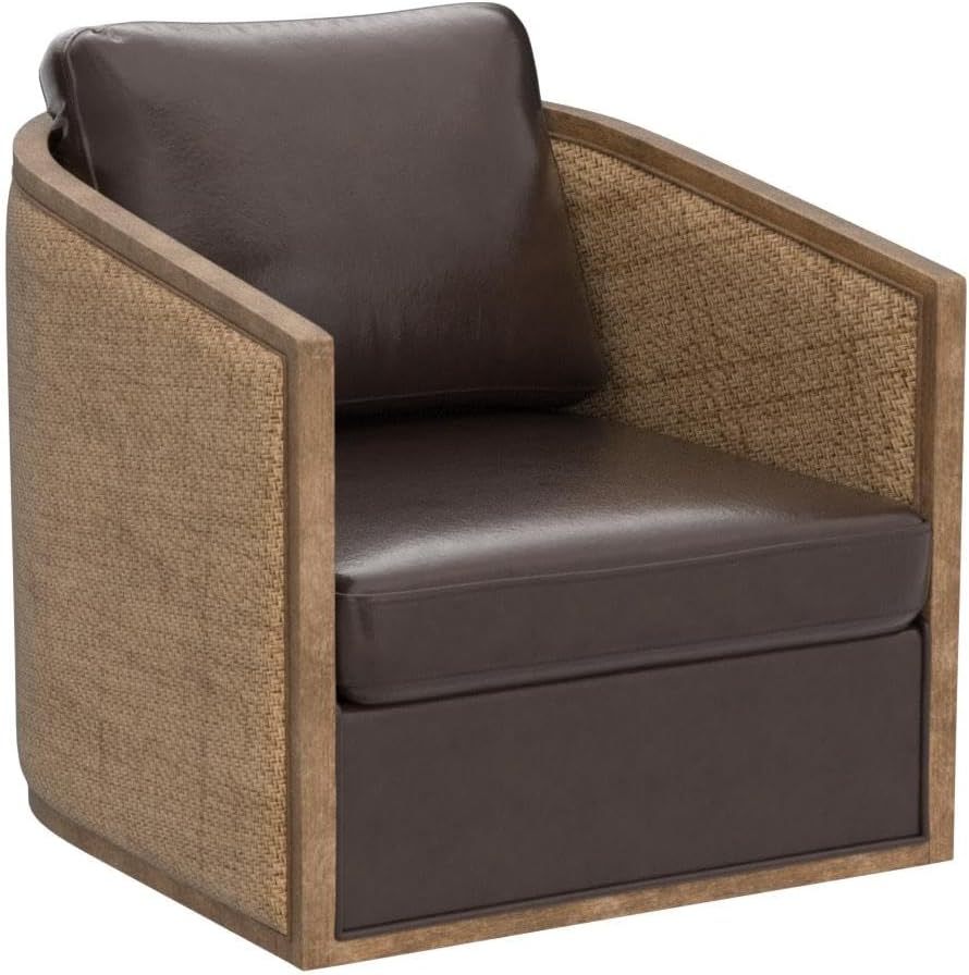 Swivel Barrel Chair with Rattan Design, Leather Accent Sofa Chair, Club Chair with Pillow, Leisure Arm Chair for Living Room, Hotel, Bedroom